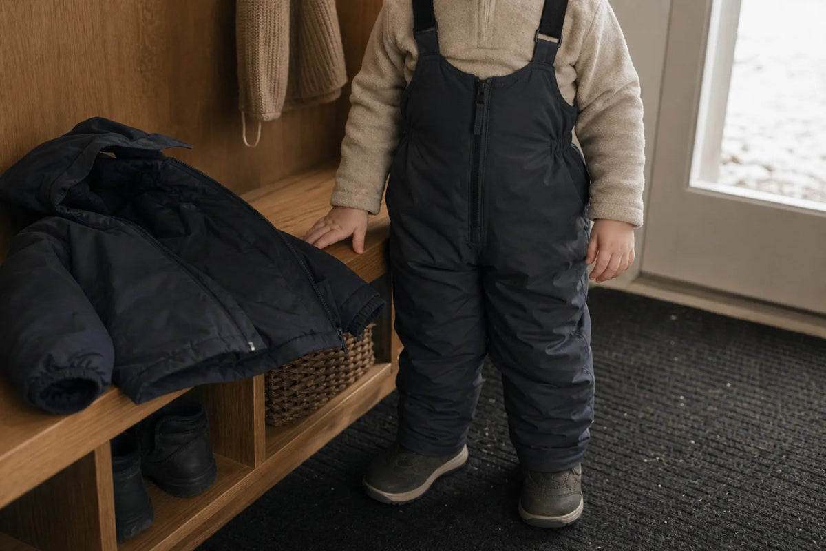 A toddler in snow bib pants stands beside the winter jacket that goes on next.