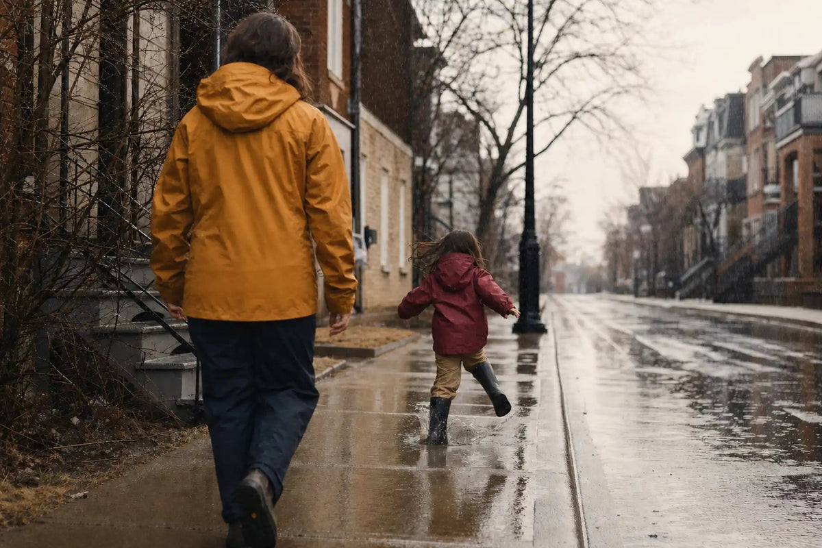 A child splashes through rain on a city sidewalk while an adult follows, both seen from behind.