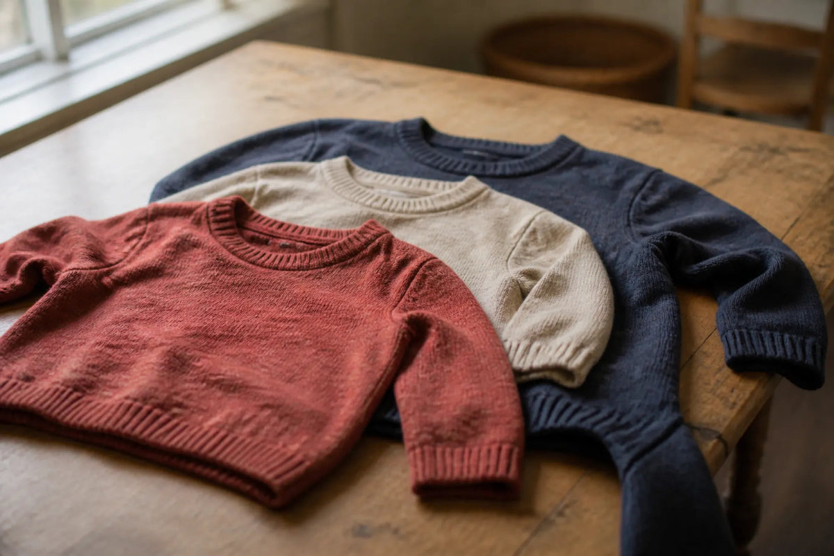 Three children's pullovers in different sizes, stacked on a wooden table so each collar sits above the one in front.