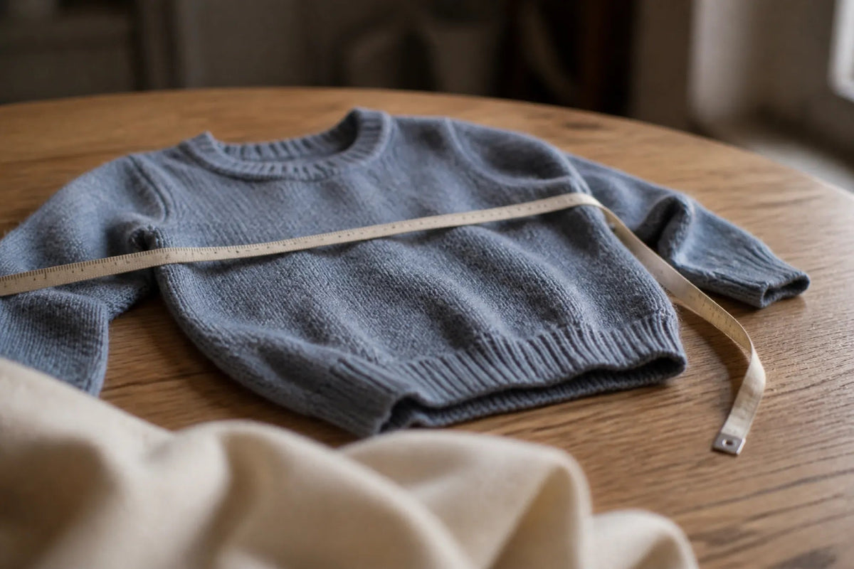 A cloth measuring tape lies across the chest of a child's wool pullover on a wooden table.