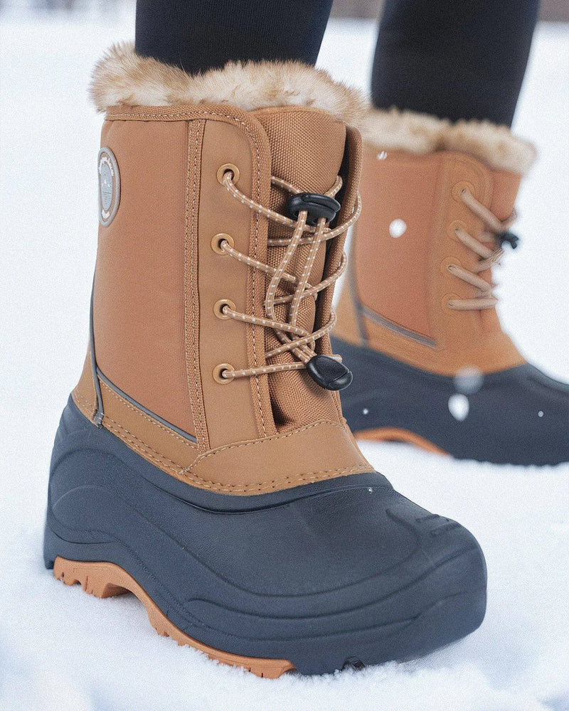 Brown Sugar winter boot in snow, close front and side view