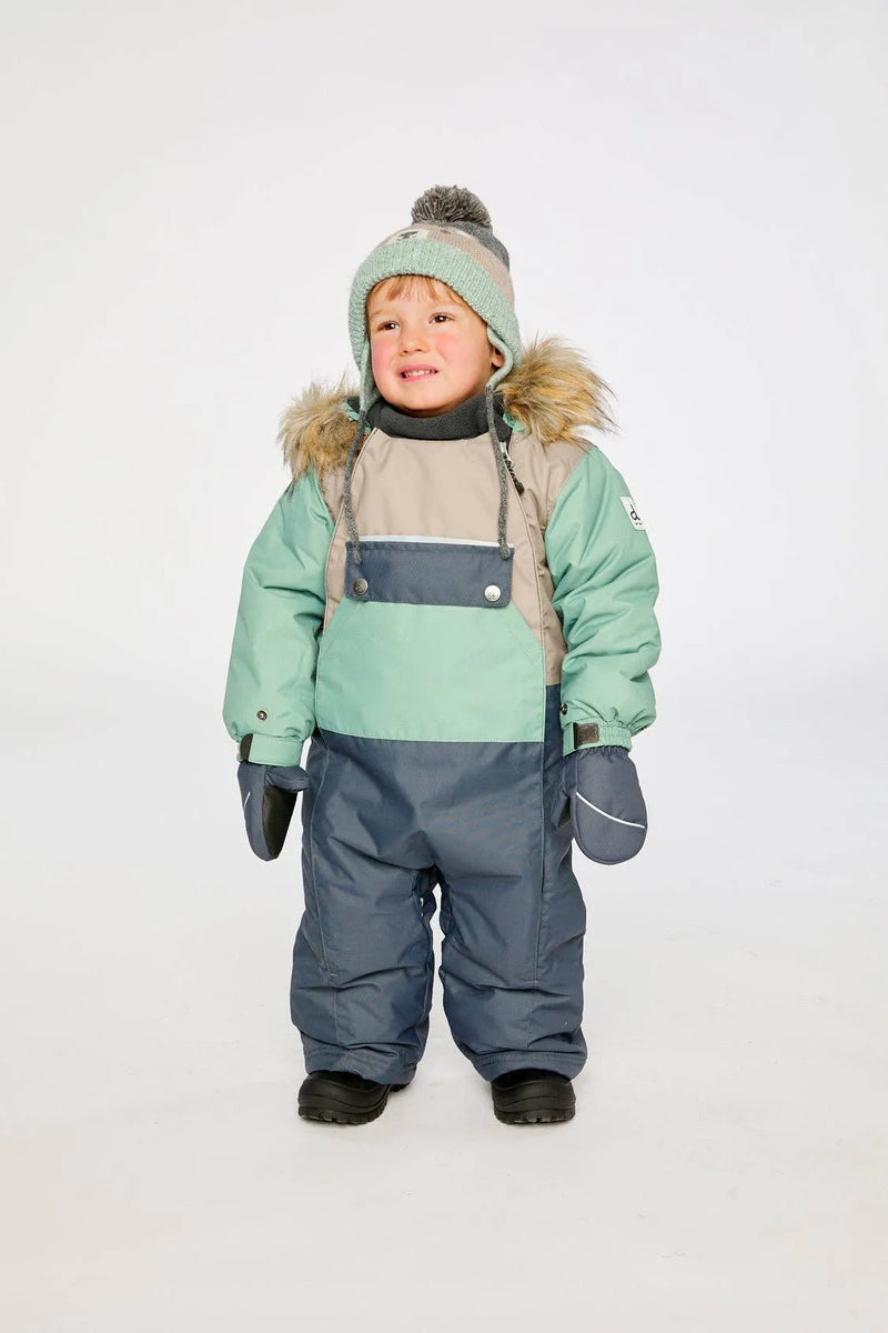 Child wearing the Cool Dark Grey, mint and taupe one-piece snowsuit, front view