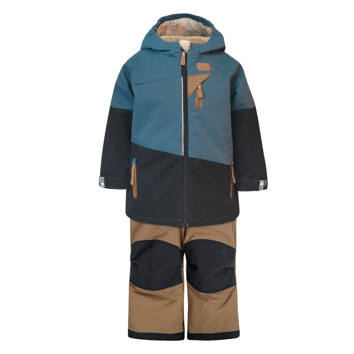 Two-piece snowsuit laid flat: a teal and black hooded jacket above tan and black snow pants with reinforced knees