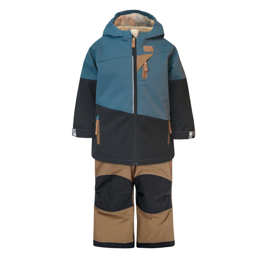 Two-piece snowsuit laid flat: a teal and black hooded jacket above tan and black snow pants with reinforced knees