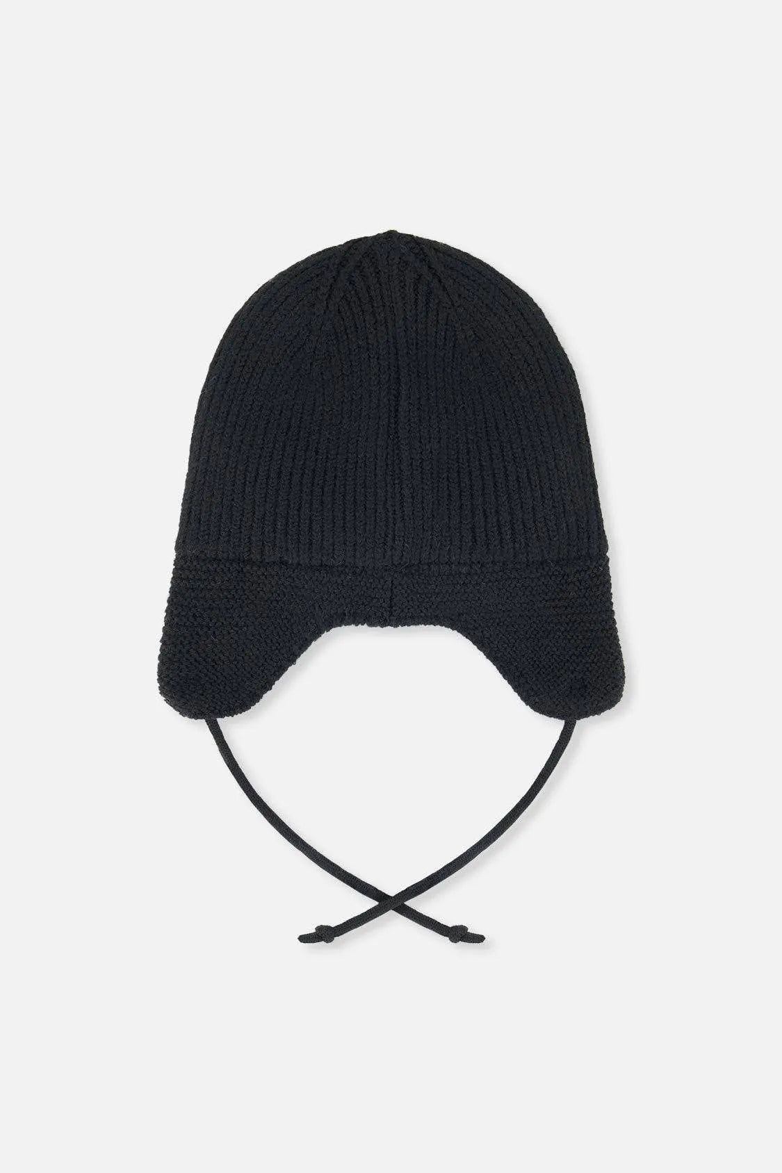 Black knit baby winter hat laid flat, back view
