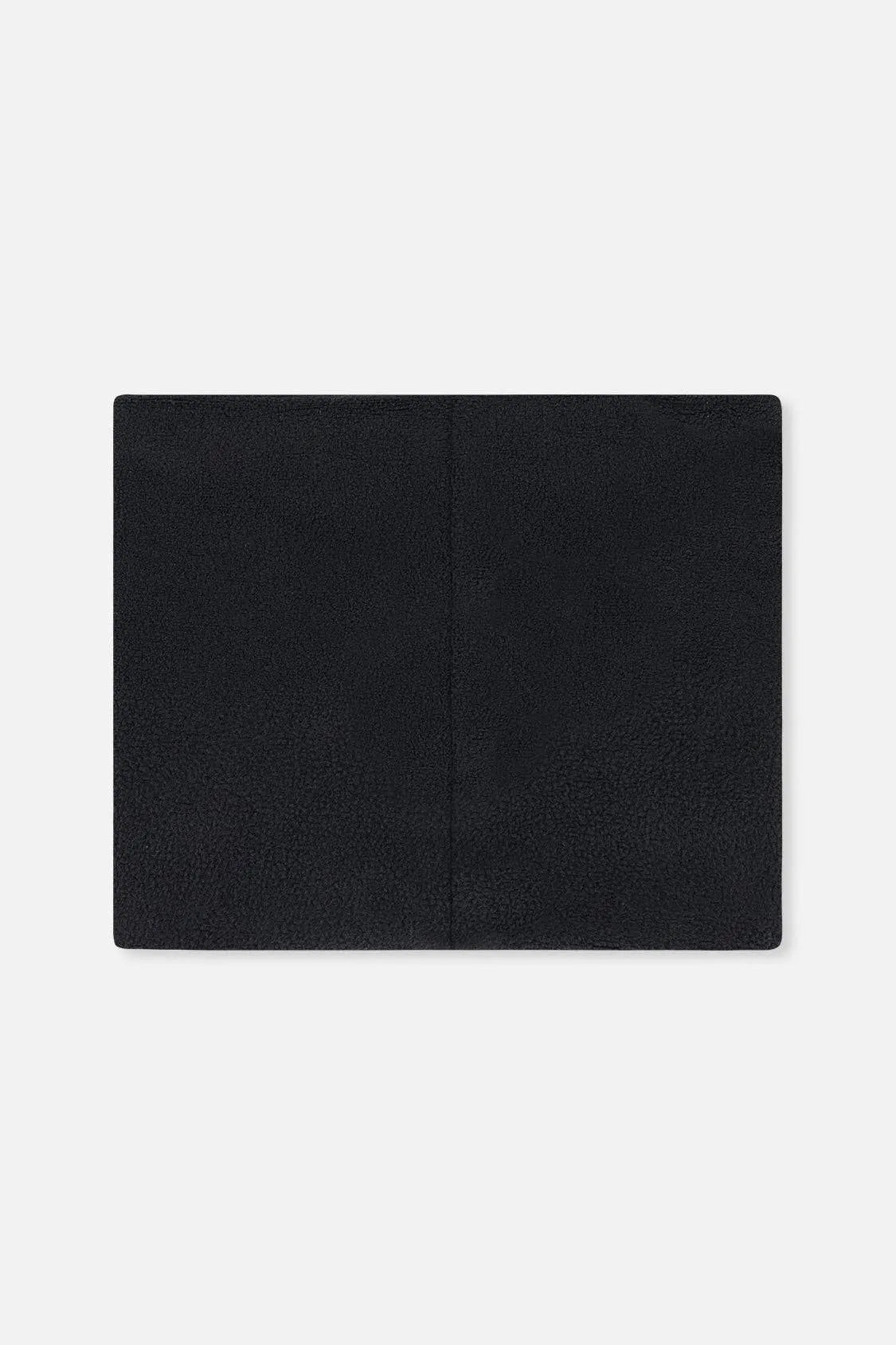 Black polar fleece neck warmer laid flat, back view