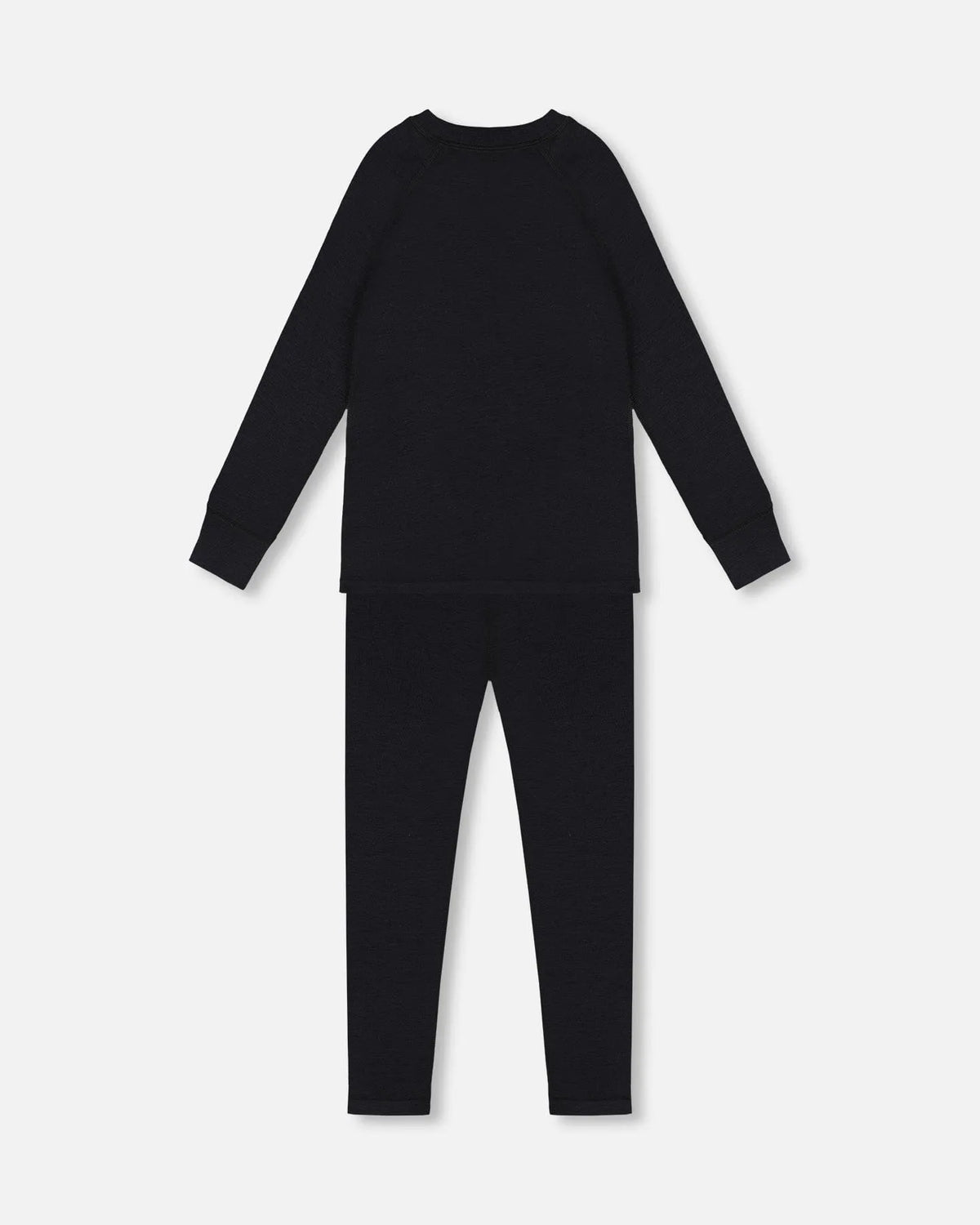 Black merino-blend base layer top and pant laid flat, back view