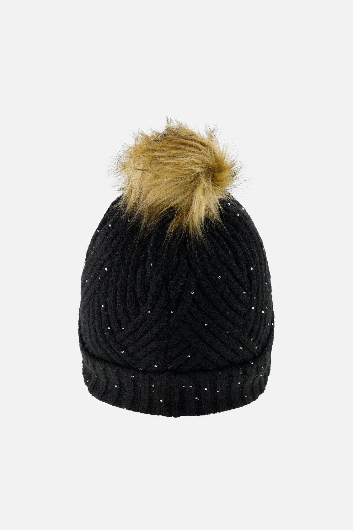 Black chevron-knit winter hat laid flat, back view