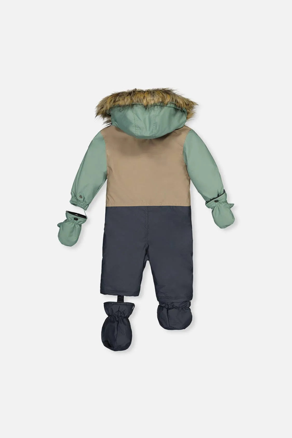 Cool Dark Grey, mint and taupe baby snowsuit laid flat, back view