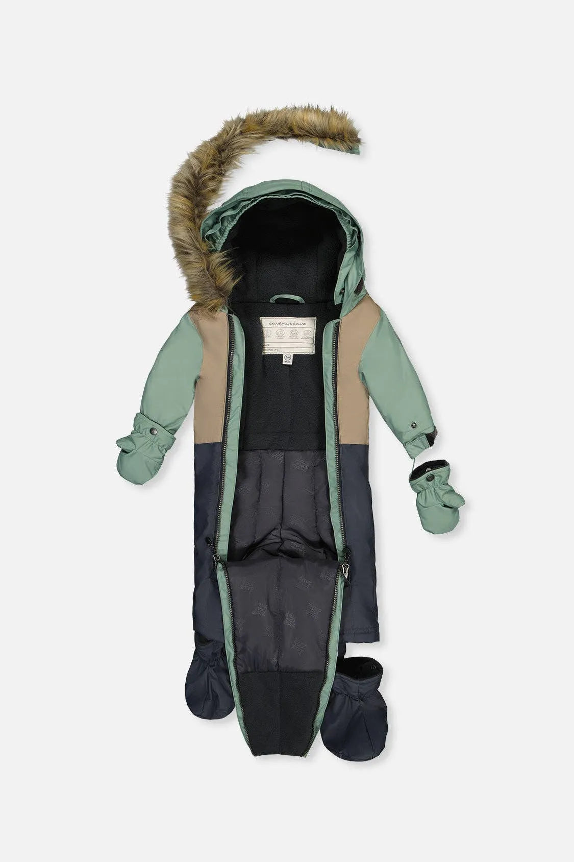 Baby snowsuit opened flat to show the fleece lining, zippers and removable trim