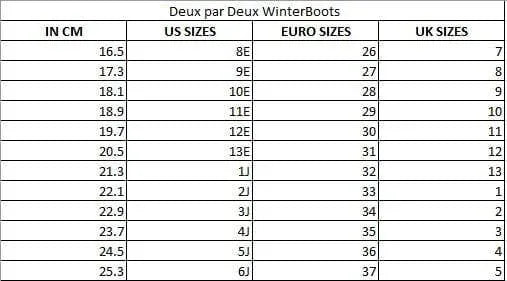 Deux par Deux centimetre size chart for Brown Sugar winter boots, sizes 8T to 6Y