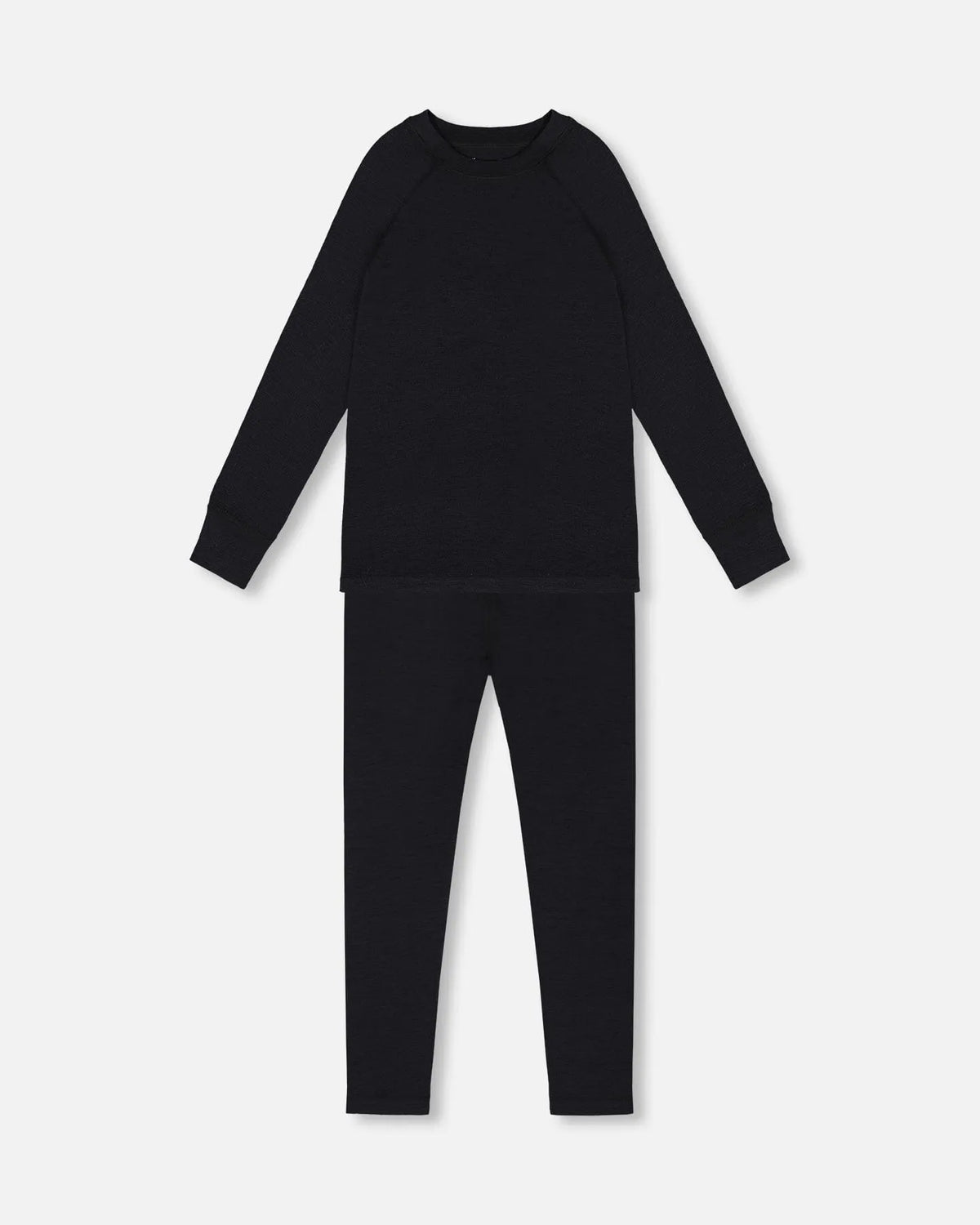 Black merino-blend base layer top and pant laid flat, front view