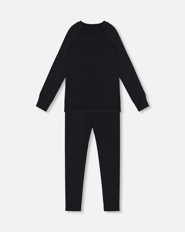 Black merino-blend base layer top and pant laid flat, front view