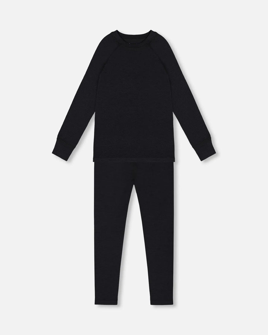 Black merino-blend base layer top and pant laid flat, front view