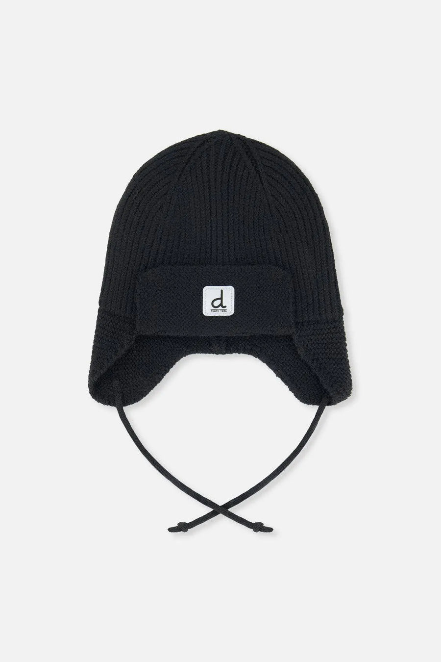 Black knit baby winter hat laid flat, front view with ear flaps, ties and Deux par Deux logo patch