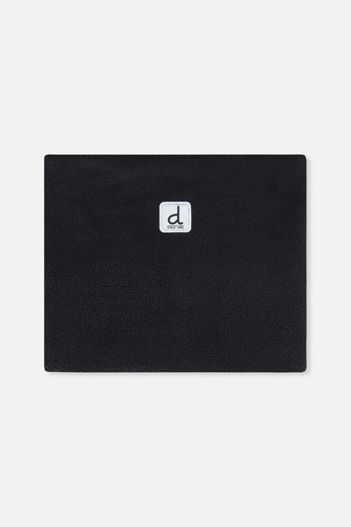 Black polar fleece neck warmer laid flat, front view with the Deux par Deux logo patch