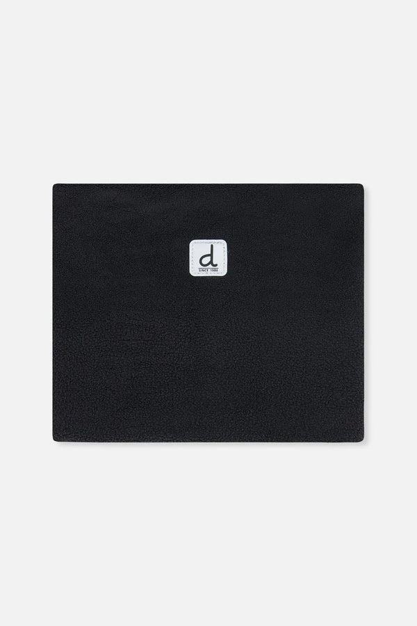Black polar fleece neck warmer laid flat, front view with the Deux par Deux logo patch