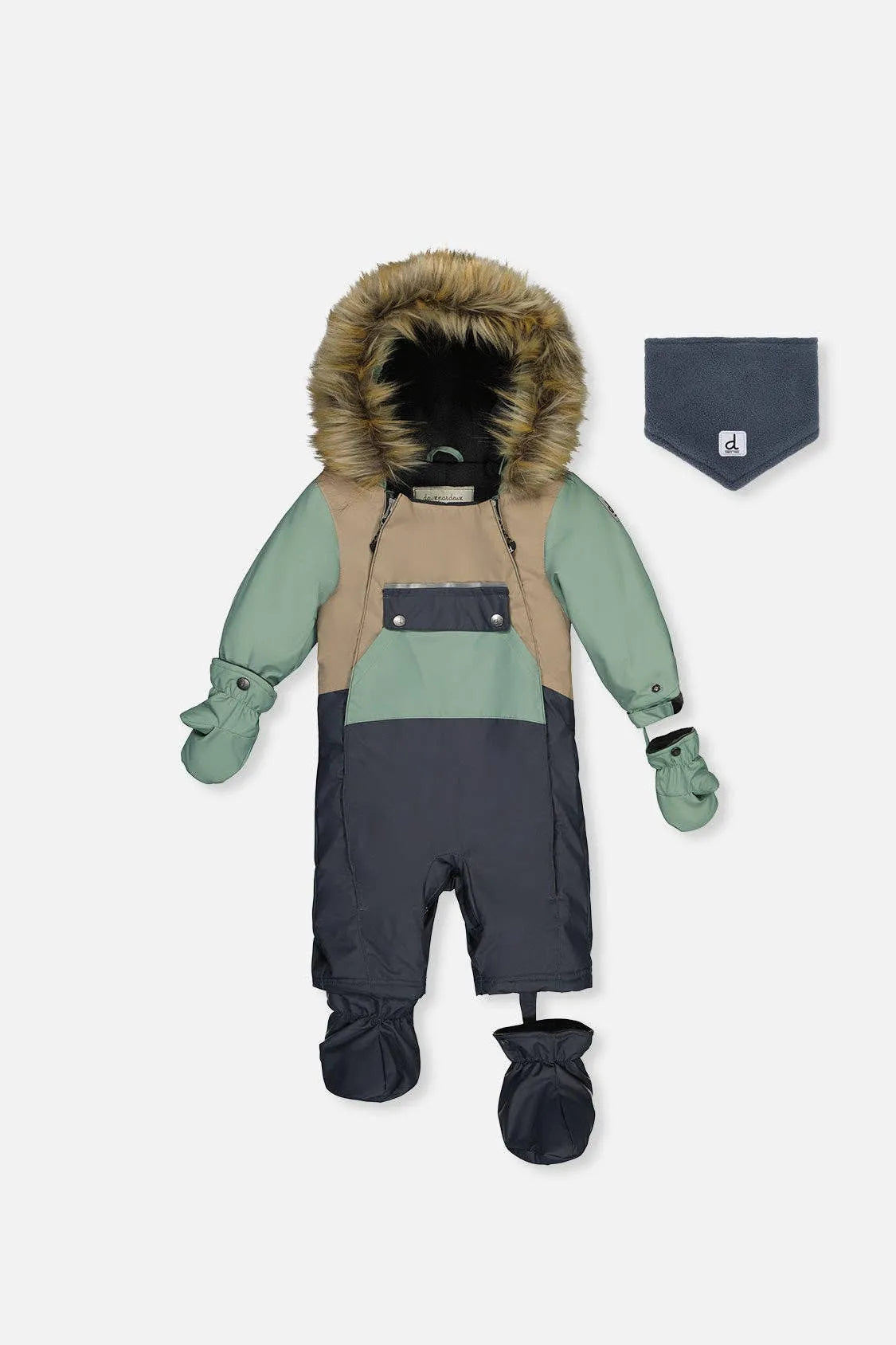 Cool Dark Grey, mint and taupe baby snowsuit laid flat with hood, mitts, booties and fleece bib