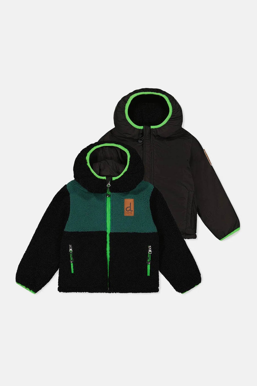 Reversible mid-season jacket shown from both sides: a black sherpa face with a teal chest panel and green zip, and the smooth black shell reverse with green hood trim