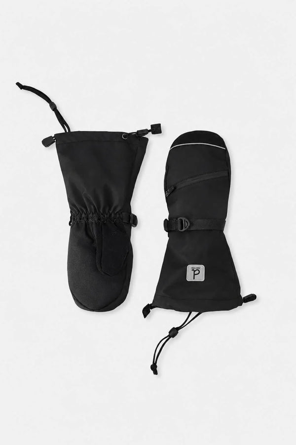 Pair of black TEKNIK winter mittens laid flat, one showing the back with its zip pocket and wrist strap, the other the palm