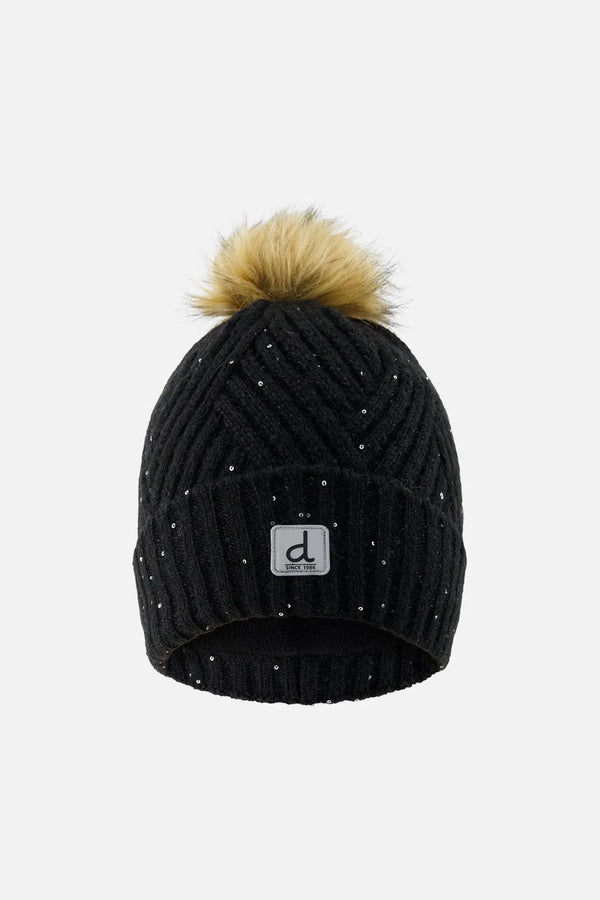 Black chevron-knit winter hat laid flat, front view with faux-fur pompom