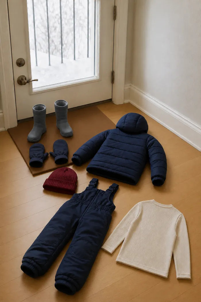 A child's outdoor layers, boots, and mittens laid out in dressing order beside a doorway.