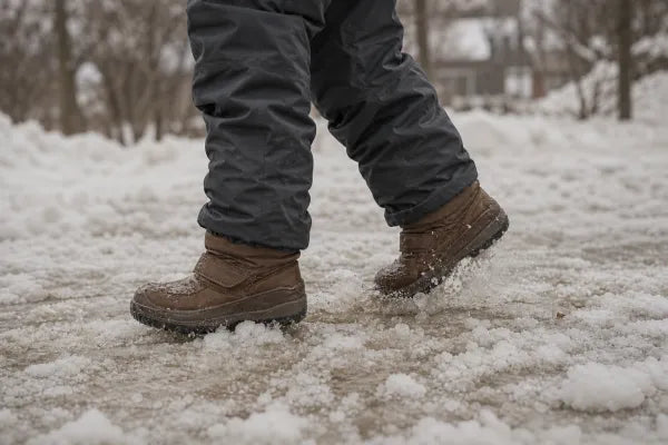 A child steps through slush in winter boots, framed from the knees down.