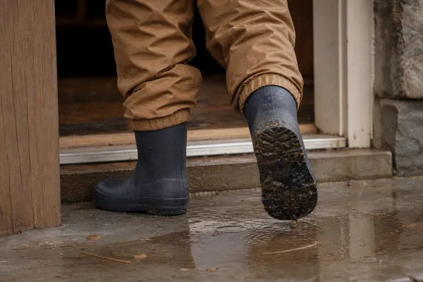 A child steps across a wet threshold in mud-spattered rain boots, framed from the knees down.
