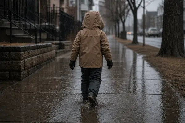 A hooded child walks through rain and a shallow puddle, seen from behind.