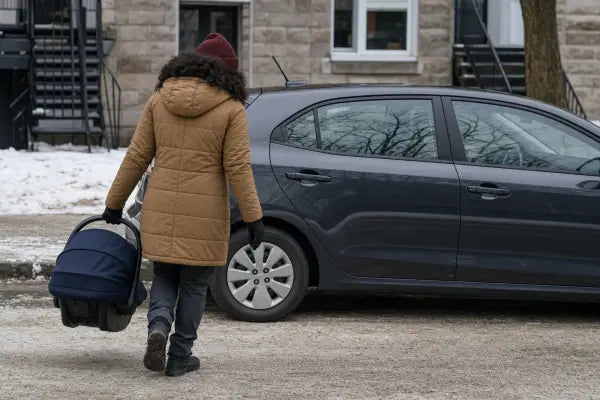 An adult carries an empty covered infant carrier toward a parked car through snow.