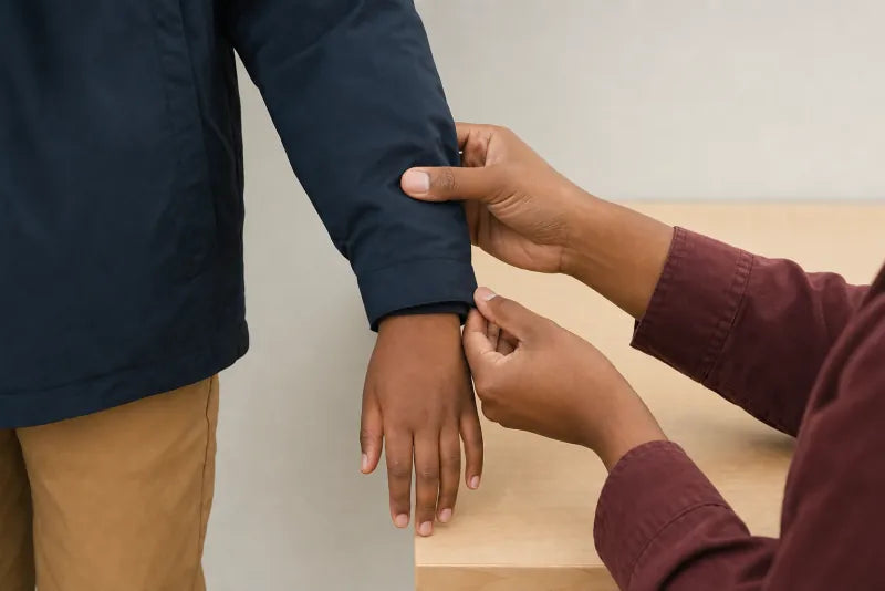 An adult checks where a child's outerwear sleeve meets the wrist.