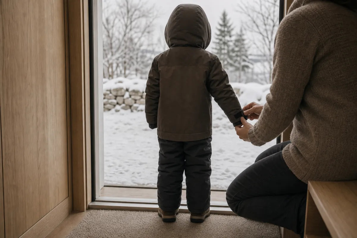 An adult fastens a child's winter coat cuff at an open doorway.